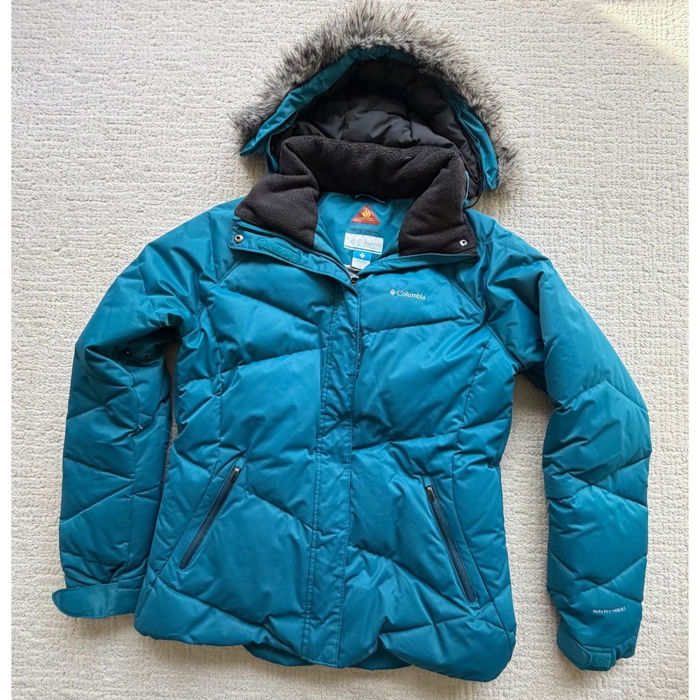 Columbia Omni-Heat Down Puffer Jacket Teal Blue Detach Faux Fur Hood LG Winter